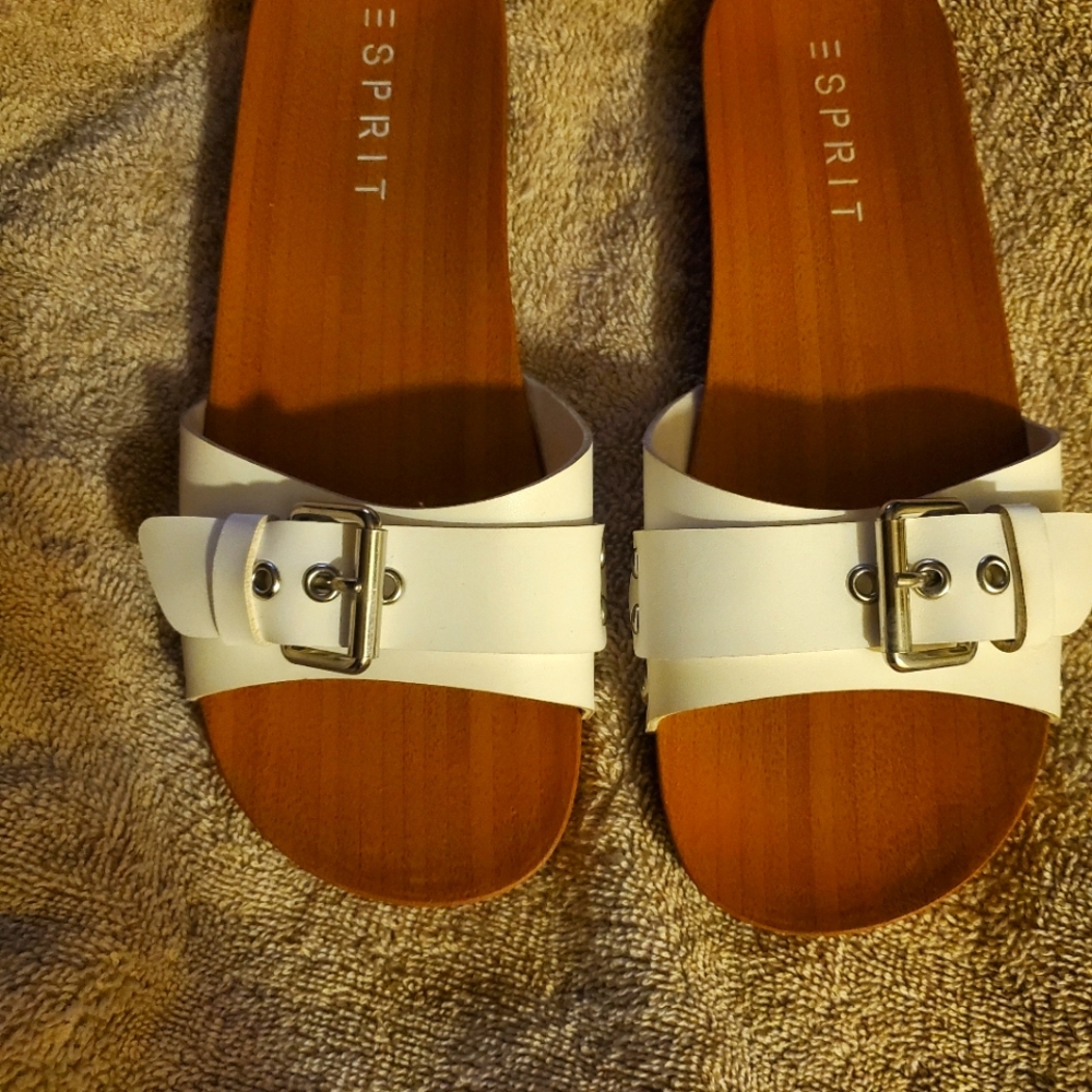 Esprit white slides with silver buckle Size 8